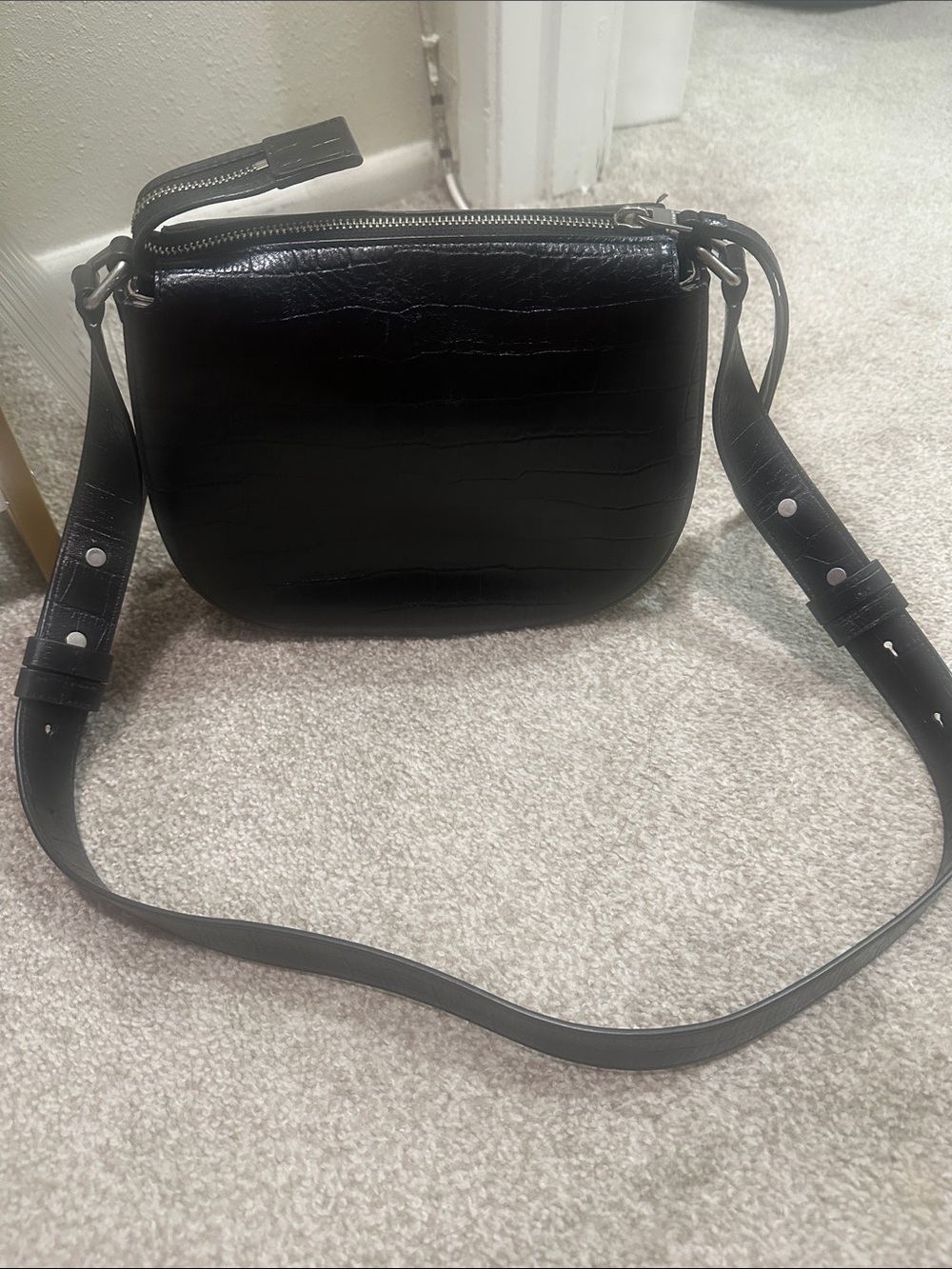 AllSaints Black Croc-Embossed Crossbody Bag